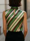 Green satin women's blouse with striped high neck, sleeveless top by FJØRNA, shown on a model.