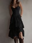 FJØRNA retro boho corset tiered midi dress with lace trim, featuring a fitted corset top and flowing layered skirt.
