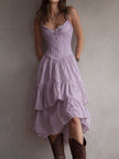FJØRNA Retro Boho Corset Tiered Midi Dress with lace trim, featuring a flowy silhouette and vintage-inspired design.