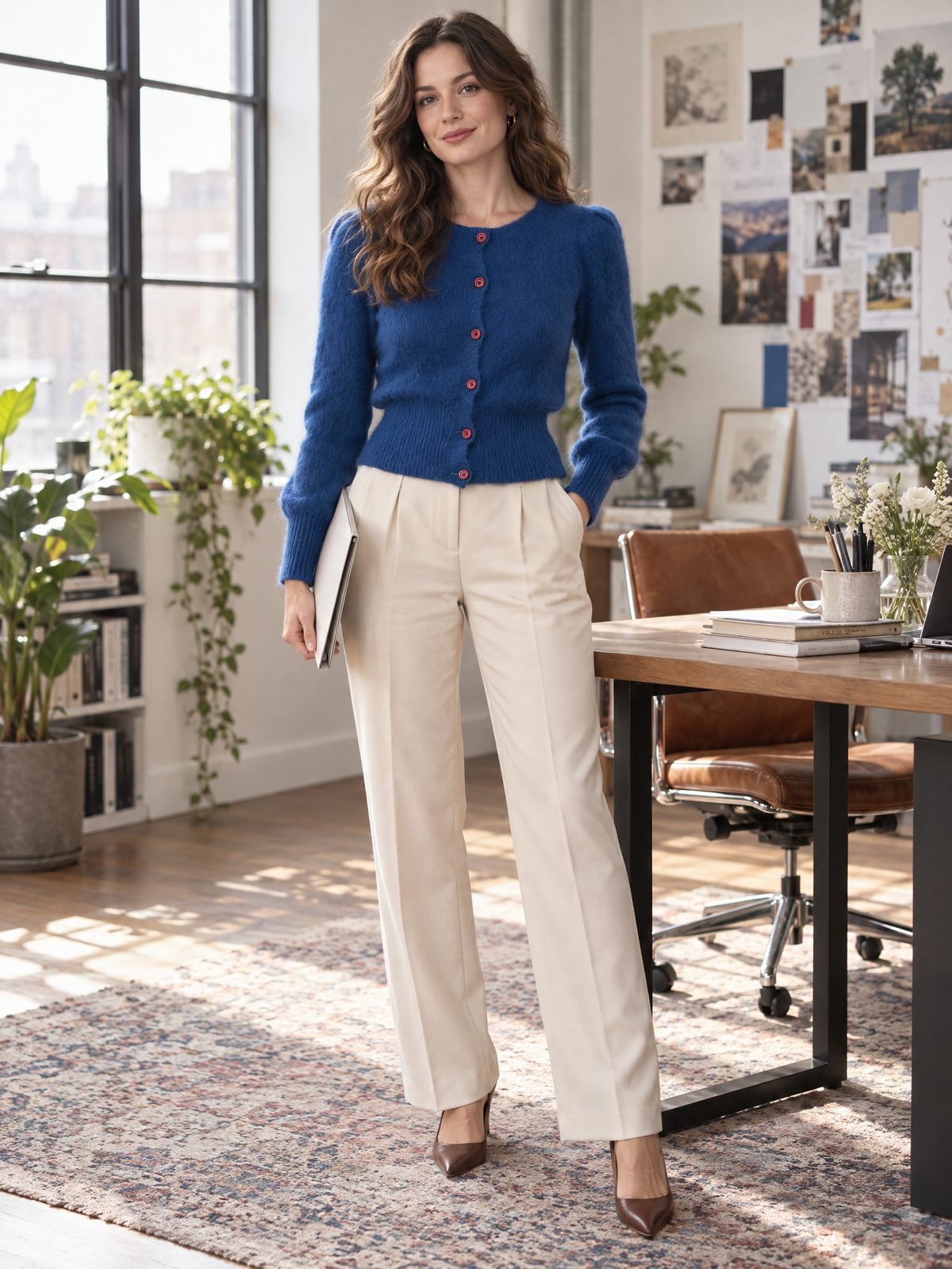 Fuzzy Knit Cardigan with Rose Buttons and Defined Waist for Women