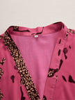 Rose red leopard print chiffon long sleeve jumpsuit for women, stylish FJØRNA pants with a flowy, elegant design.