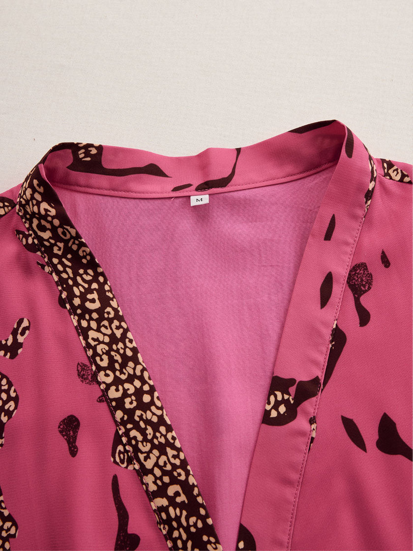 Rose red leopard print chiffon long sleeve jumpsuit for women, stylish FJØRNA pants with a flowy, elegant design.