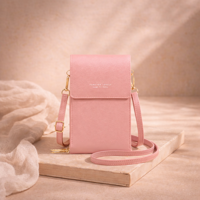 FJØRNA touchscreen crossbody phone bag for women with transparent front, compact design, and adjustable strap.