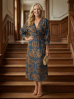 FJØRNA women's summer midi dress with long sleeves, wrap style, flowy fabric, perfect for warm-weather wear