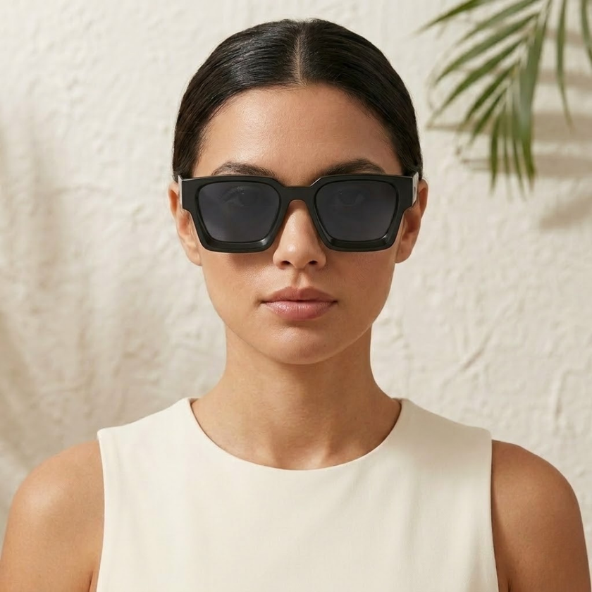 FJØRNA vintage 90s rectangular unisex sunglasses with retro style, black frames and tinted lenses, accessory for women and men.