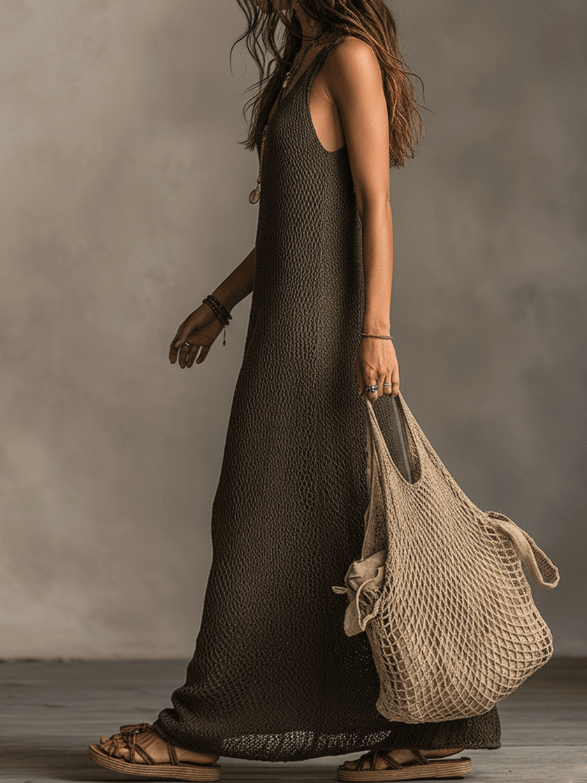FJØRNA olive knit sleeveless maxi dress with casual style, featuring a flowy silhouette and ribbed knit fabric.