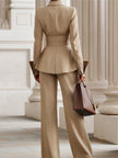 FJØRNA khaki belted waist two-piece pants set for women featuring tailored trousers with a matching belt and a stylish, modern fit.