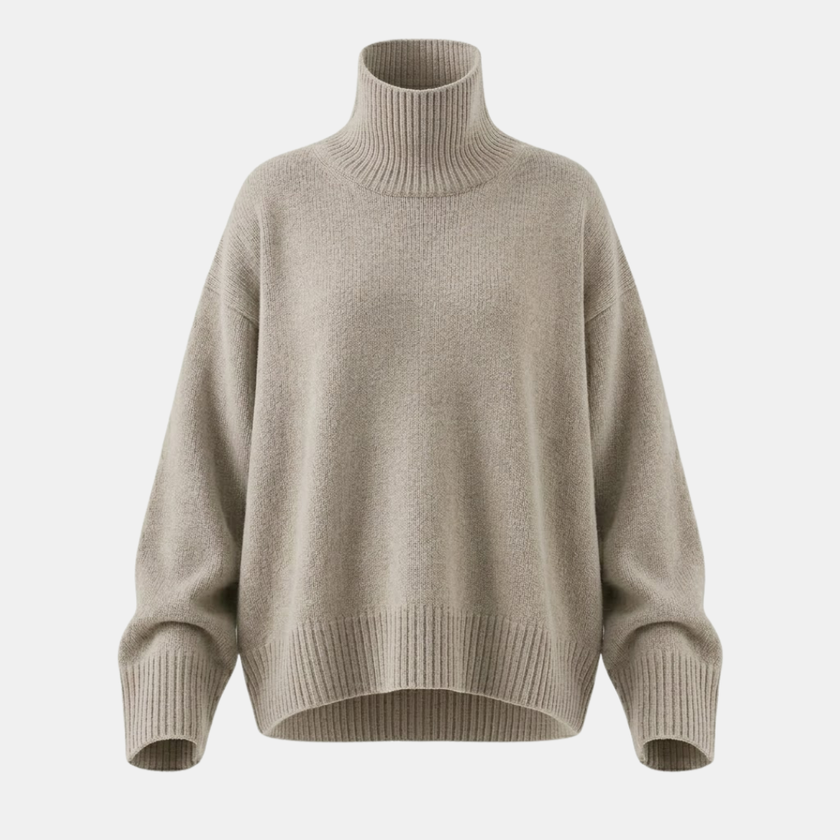 FJØRNA women's wool turtleneck sweater in neutral color, cozy and stylish for cold weather.