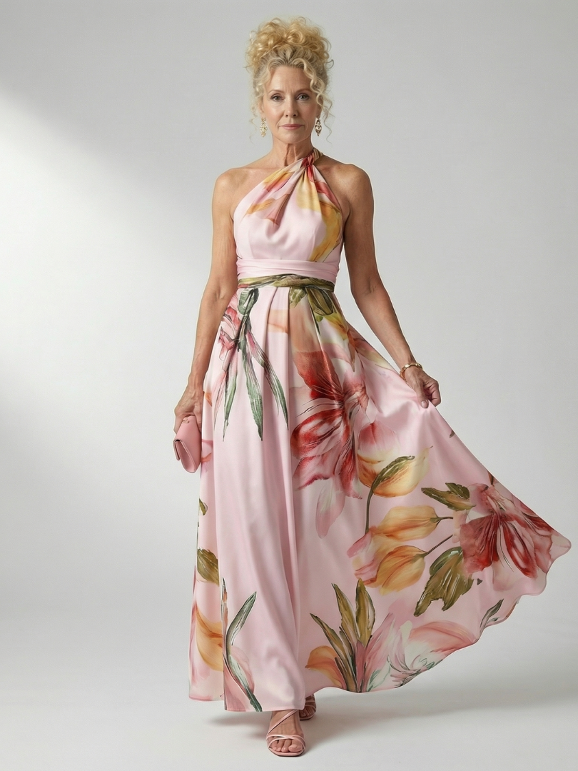 FJØRNA women's floral summer maxi dress with halter neck and sleeveless design, perfect for warm weather and casual outings.