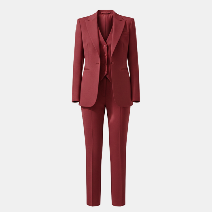 FJØRNA women's tailored 3-piece tweed suit set with matching pants, featuring a sophisticated, textured fabric design.