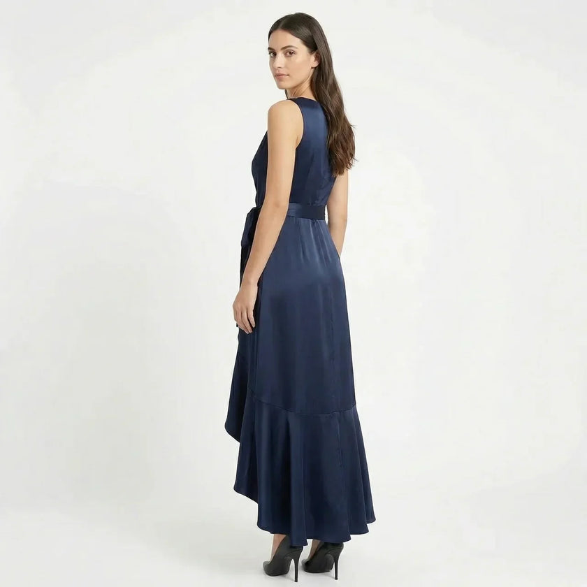 FJØRNA women's elegant sleeveless wrap midi dress displayed on a model, showcasing a sleek, sophisticated design suitable for formal occasions.