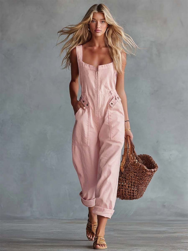 Light yellow denim jumpsuit for women with square neckline and zip-front, by FJØRNA, featuring pants style design.