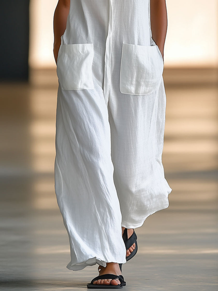 White linen sleeveless wide-leg women's jumpsuit by FJØRNA, featuring a relaxed fit and stylish design.