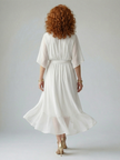 FJØRNA summer midi dress for women with a flowy design and V-neck, perfect for warm weather and casual occasions.