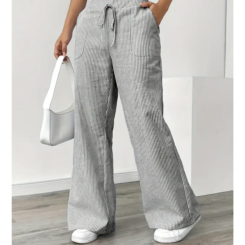 FJØRNA lightweight women's summer trousers with drawstring and striped design, casual and breathable for warm weather.