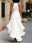 FJØRNA navy satin halter gown with ruffle details, elegant black tie dress perfect for formal occasions