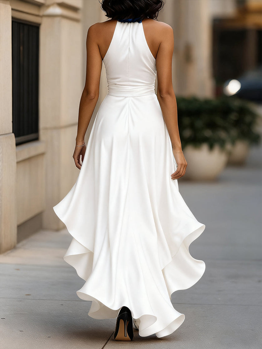 FJØRNA navy satin halter gown with ruffle details, elegant black tie dress perfect for formal occasions