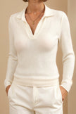 Polo Shirt Women Long Sleeve Ribbed Cotton Notched Collar