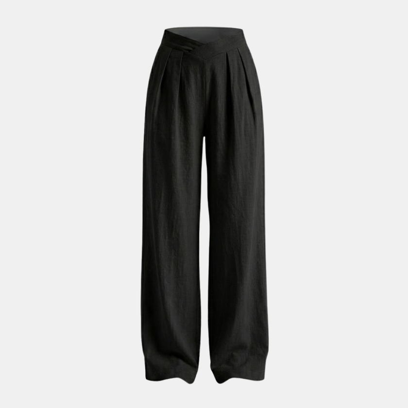 Women's FJØRNA criss-cross waist wide-leg trousers, loose pull-on pants with a relaxed fit and stylish design.