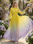 FJØRNA high waisted long sleeve maxi dress with belted, contrast color gradient, pleated split joint, and round neck design.