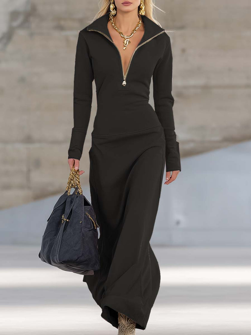 Pink V-neck maxi dress by FJØRNA, flowing evening dress with a fitted bodice and ankle-length skirt, showcased on a model.
