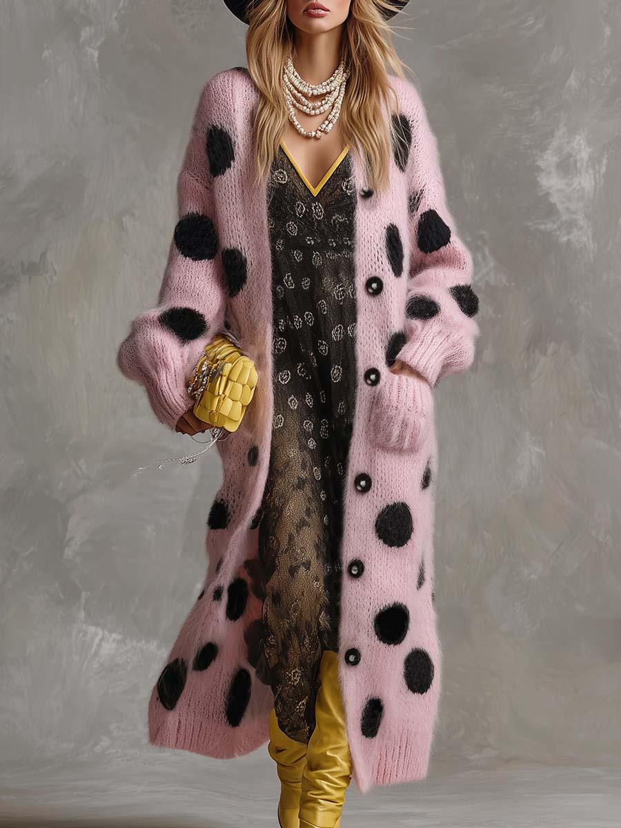 Pink Polka Dot Faux Rabbit Fur Knit Cardigan with Button Front for Women