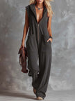 Raspberry red cotton hooded zip-front jumpsuit for women with pants style, by FJØRNA, shown with front view and hood details.