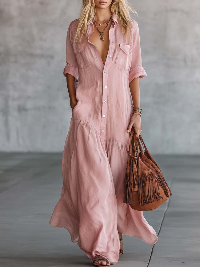 Pink linen V-neck maxi dress by FJØRNA featuring a casual, flowing design and relaxed fit, perfect for warm weather.