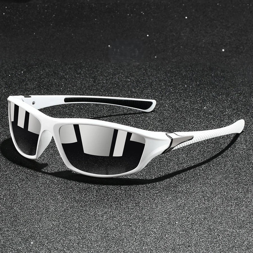 FJØRNA men's polarized wraparound UV400 sports sunglasses with black frame and tinted lenses for outdoor activities.