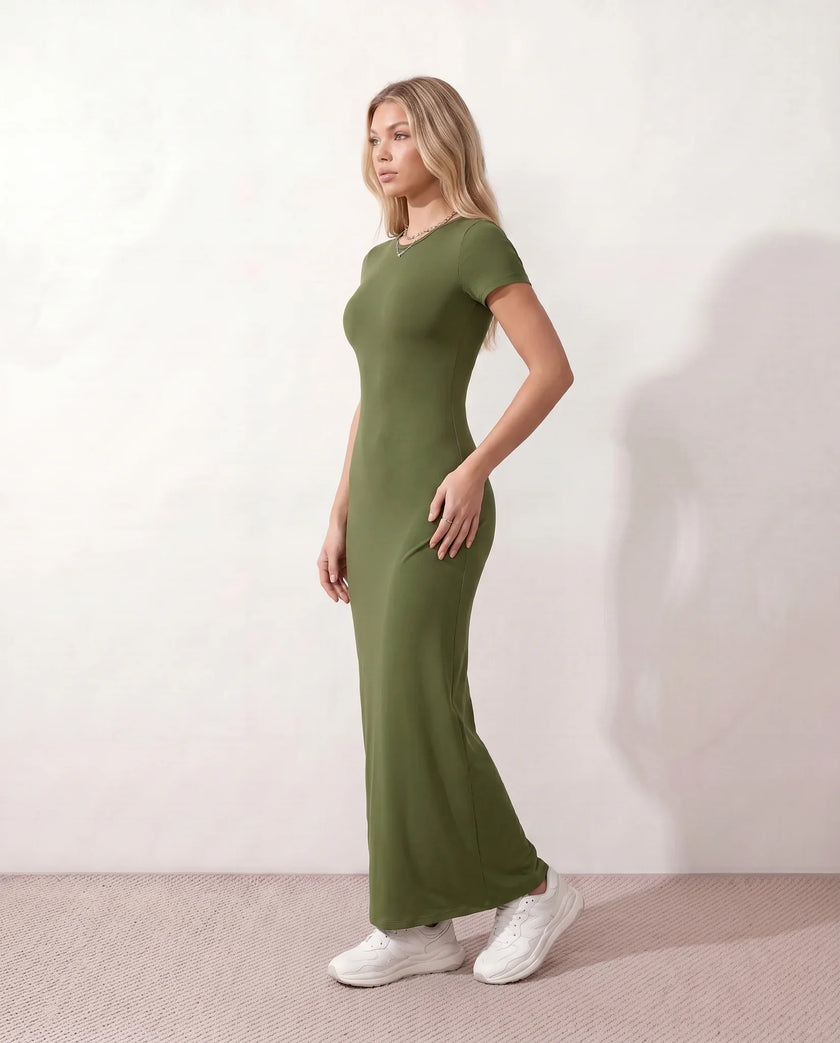 Fitted Maxi Dress Women Crew Neck Short Sleeve
