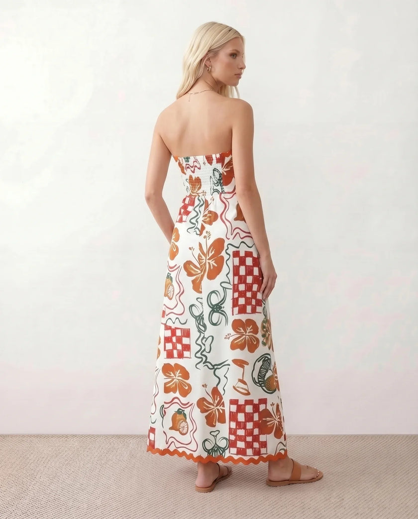 Floral Maxi Dress Women Strapless Square Neck Low Back A-Line