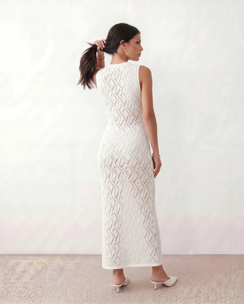Openwork Knit Maxi Dress Women Fitted Sleeveless Wedding Guest