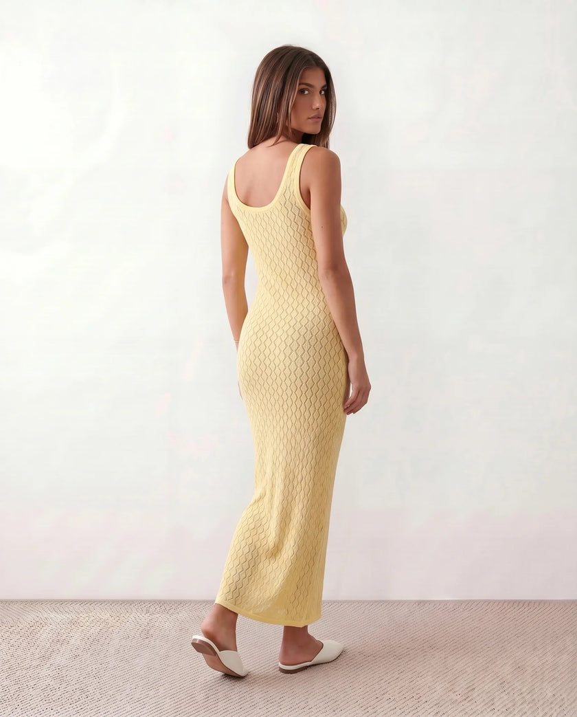 Knit Maxi Dress Women Openwork Sleeveless Yellow