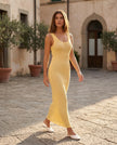 Knit Maxi Dress Women Openwork Sleeveless Yellow