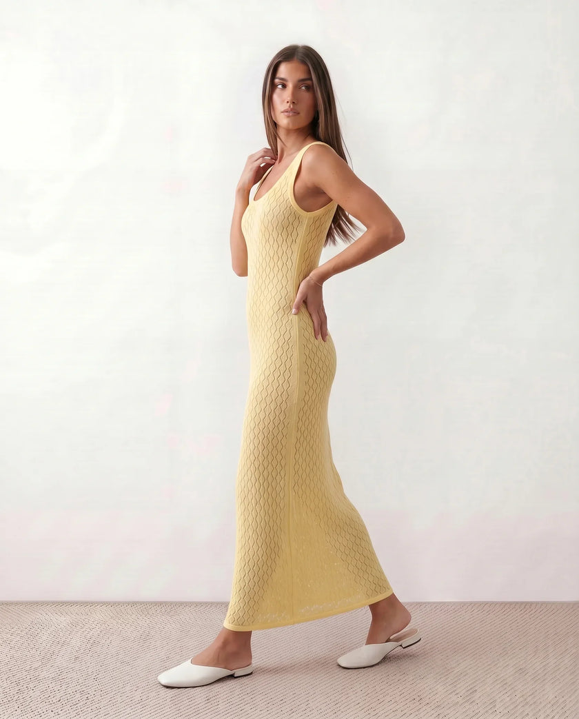 Knit Maxi Dress Women Openwork Sleeveless Yellow