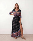 Maxi Dress Women V-Neck Button Front Drawstring Waist Side Slit