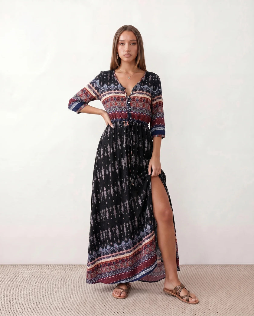Maxi Dress Women V-Neck Button Front Drawstring Waist Side Slit