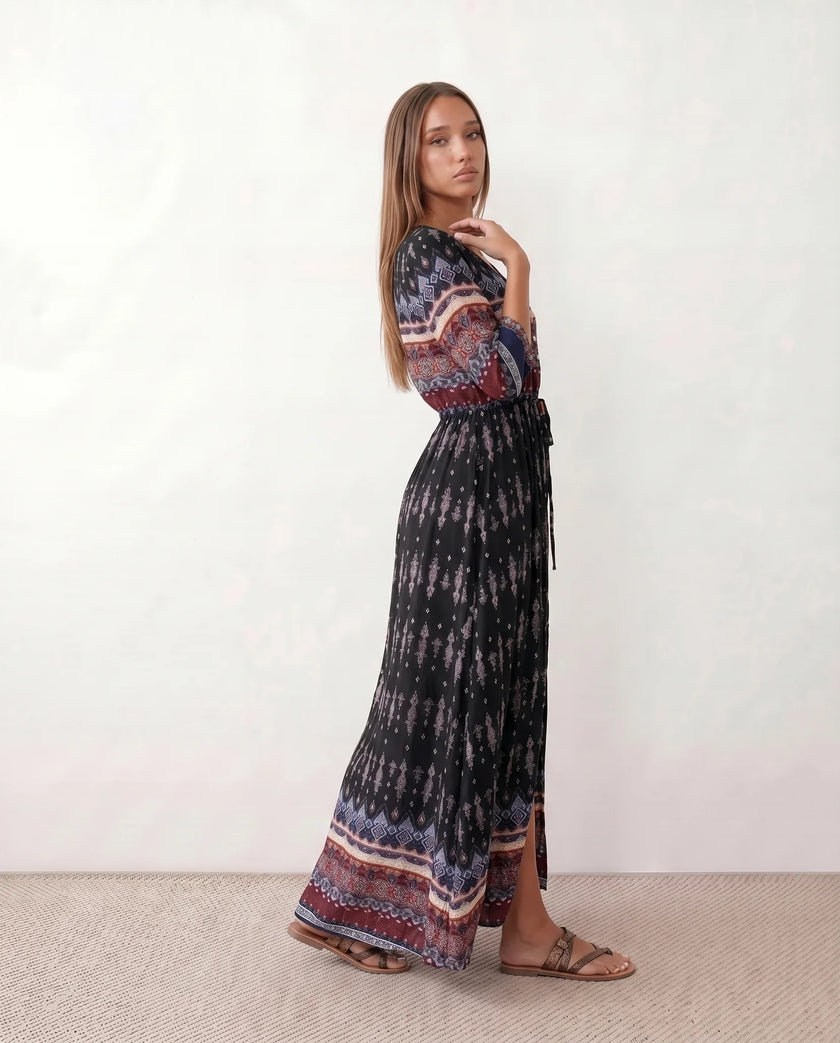 Maxi Dress Women V-Neck Button Front Drawstring Waist Side Slit