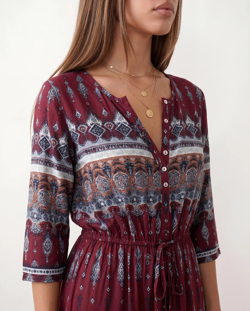 Maxi Dress Women V-Neck Button Front Drawstring Waist Side Slit