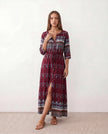 Maxi Dress Women V-Neck Button Front Drawstring Waist Side Slit