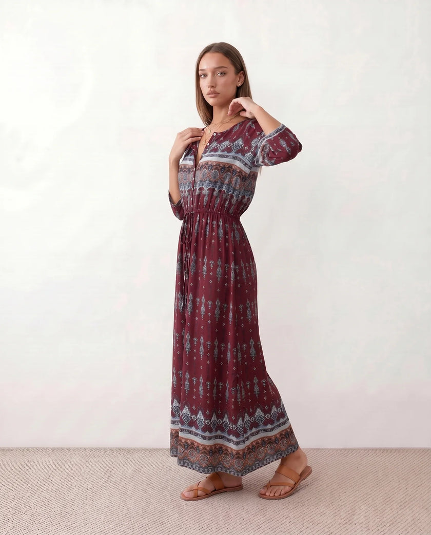 Maxi Dress Women V-Neck Button Front Drawstring Waist Side Slit