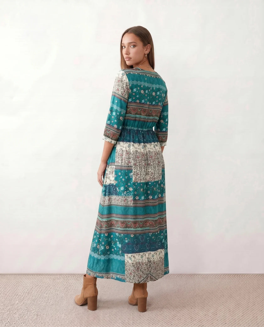 Maxi Dress Women V-Neck Button Front Drawstring Waist Side Slit