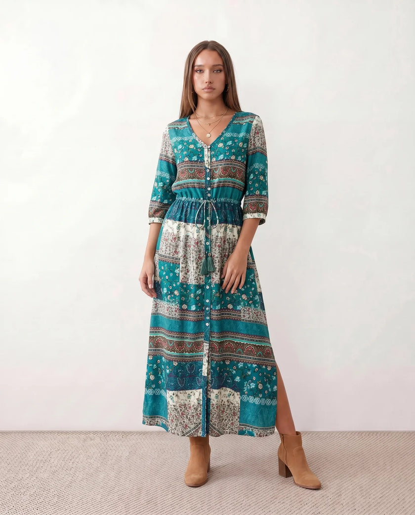 Maxi Dress Women V-Neck Button Front Drawstring Waist Side Slit