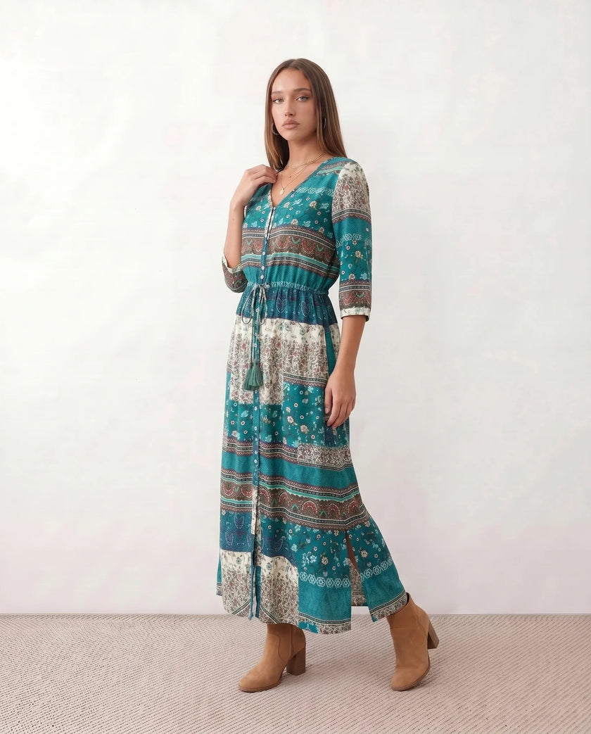 Maxi Dress Women V-Neck Button Front Drawstring Waist Side Slit