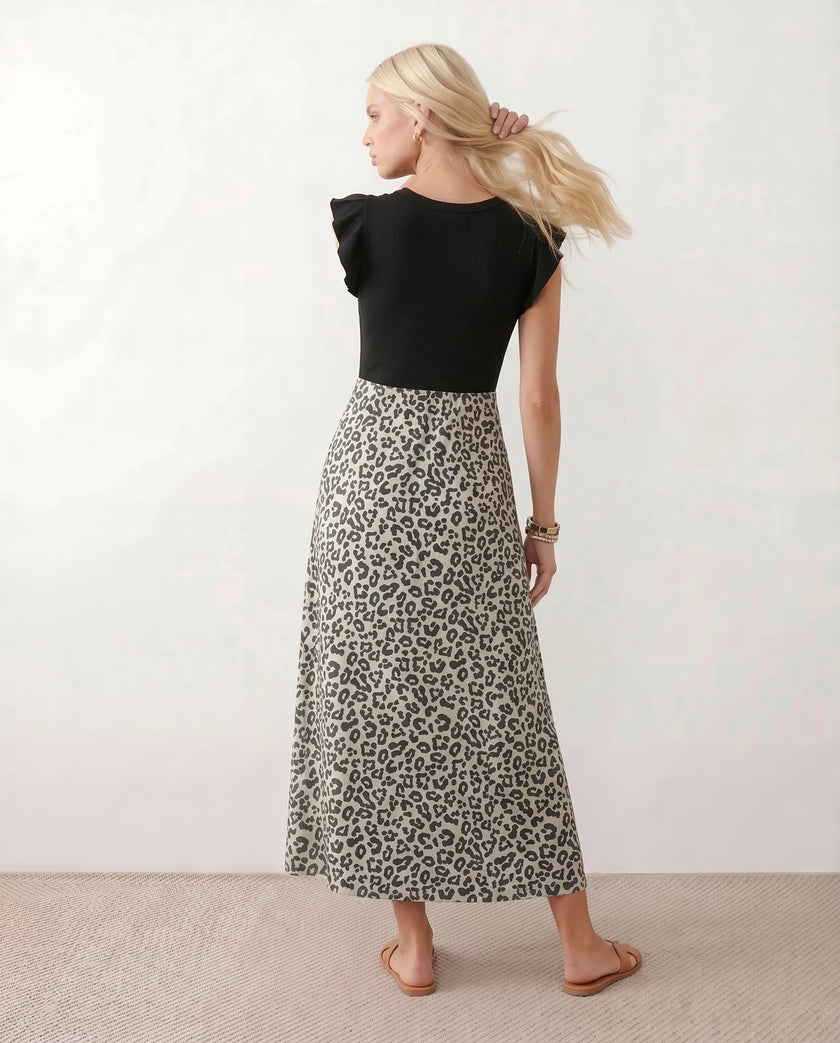 Animal Print Maxi Dress Women A-Line Cap Sleeve Round Neck