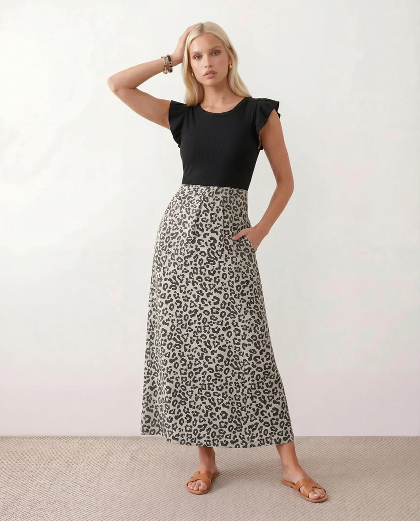 Animal Print Maxi Dress Women A-Line Cap Sleeve Round Neck