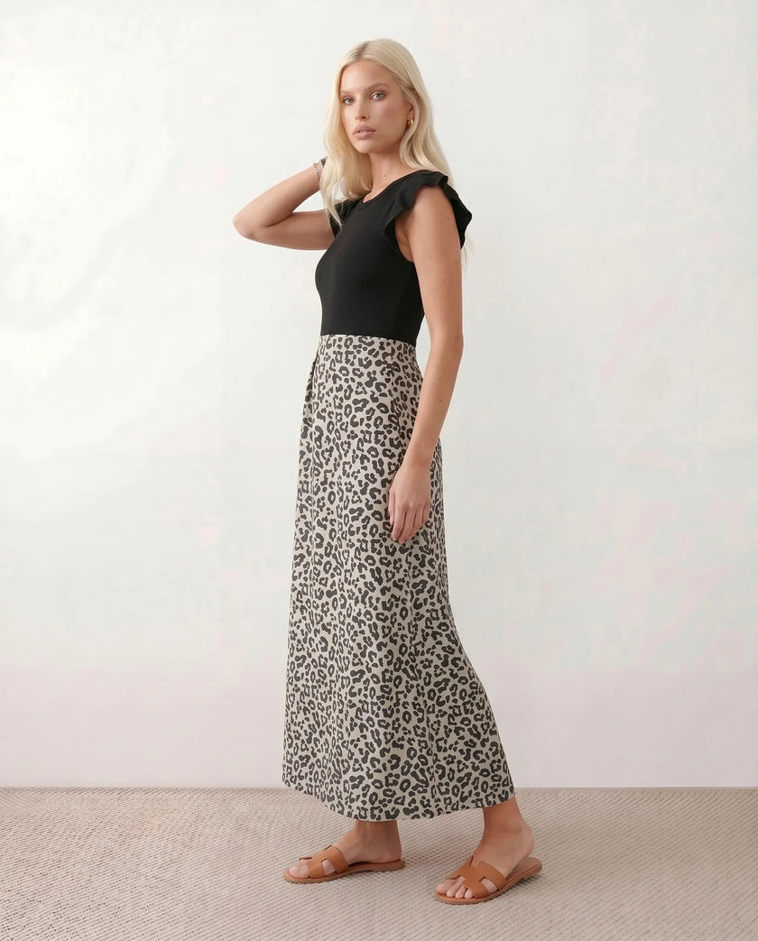 Animal Print Maxi Dress Women A-Line Cap Sleeve Round Neck