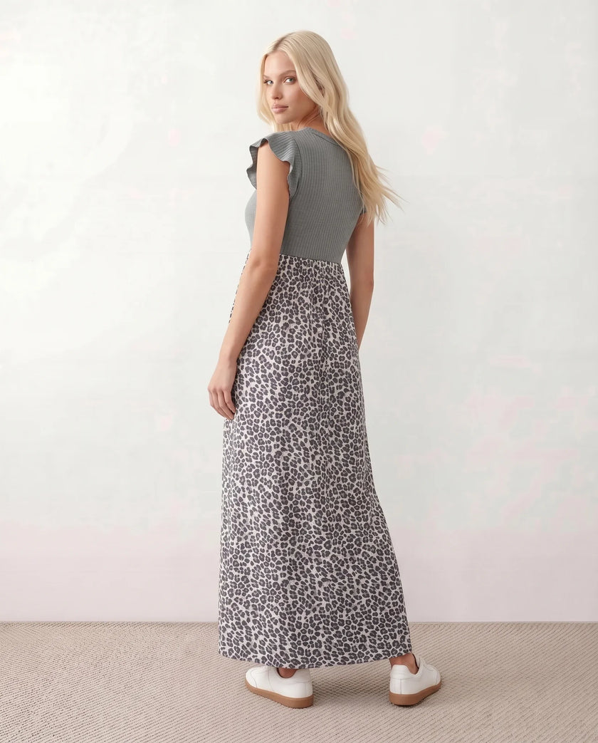 Animal Print Maxi Dress Women A-Line Cap Sleeve Round Neck