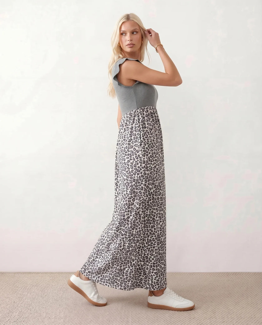 Animal Print Maxi Dress Women A-Line Cap Sleeve Round Neck