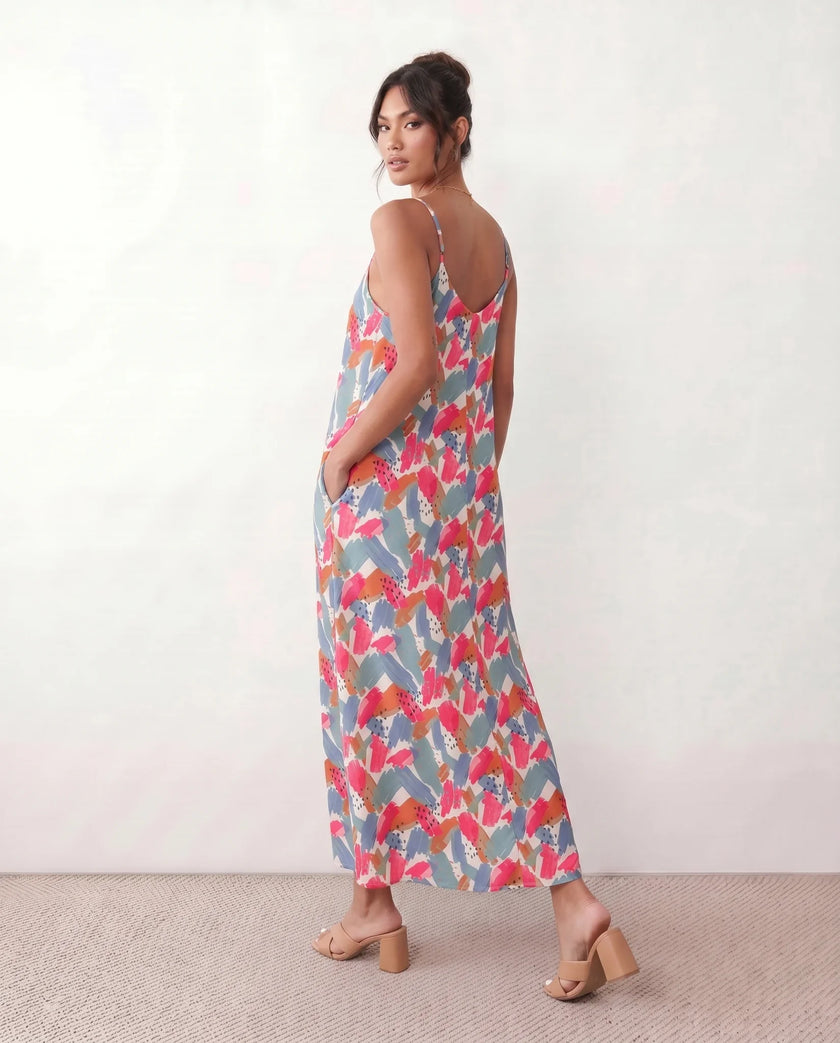 Slip Maxi Dress Women V-Neck Spaghetti Strap Open Back Abstract Print